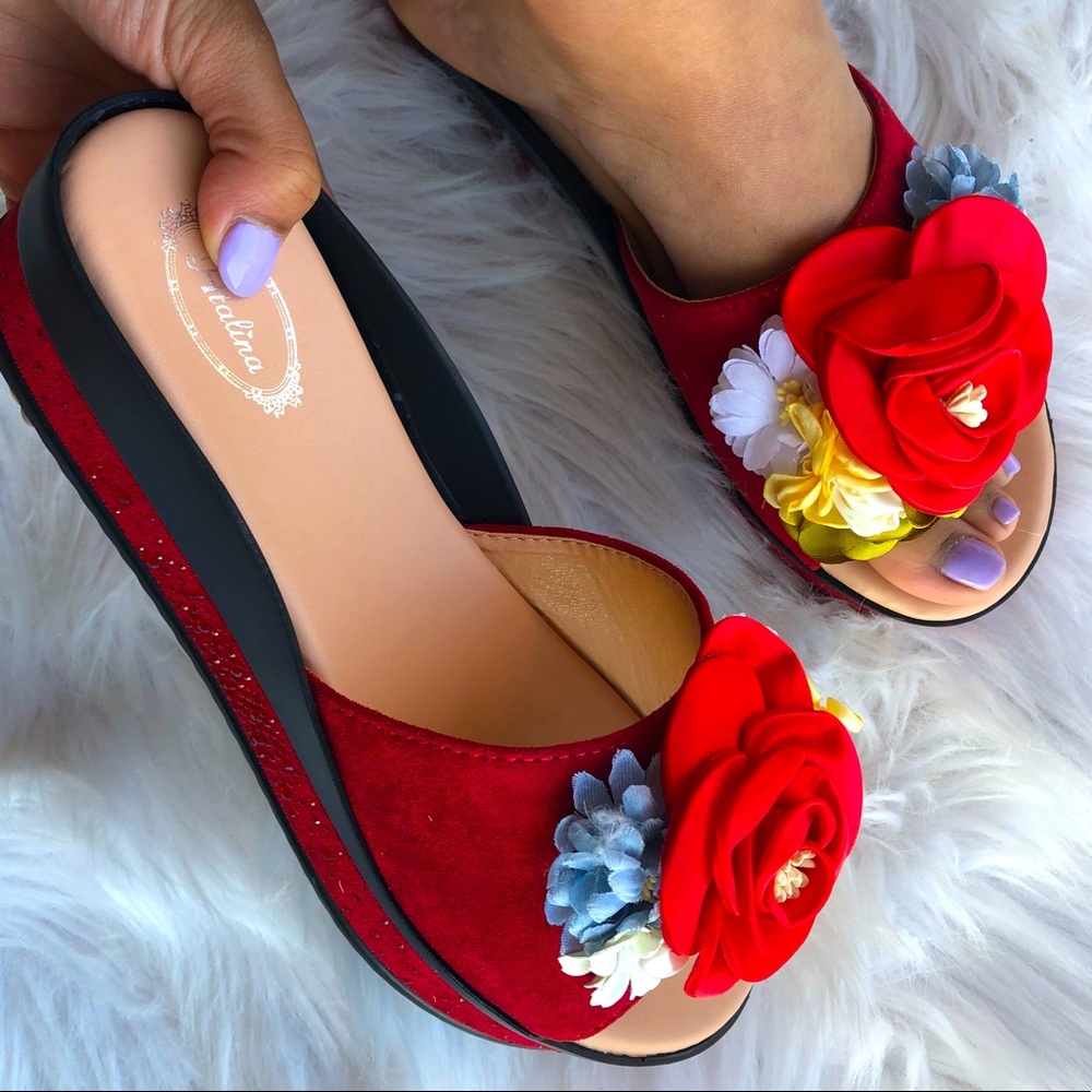 Italina Red Rose 3D Flower Flatform Heeled Wedge Sandal 5.5 - Picture 2 of 14